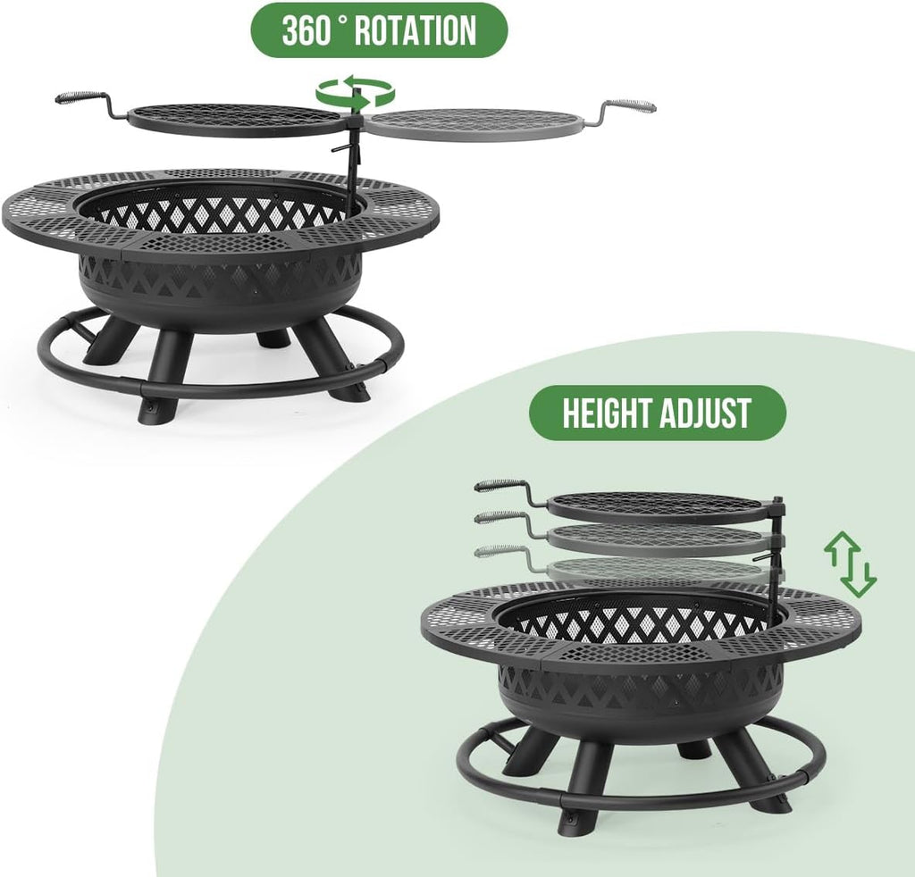 Panovue 42 Inch Outdoor Fire Pit with Grill Wood Burning 3-in-1 Firepit