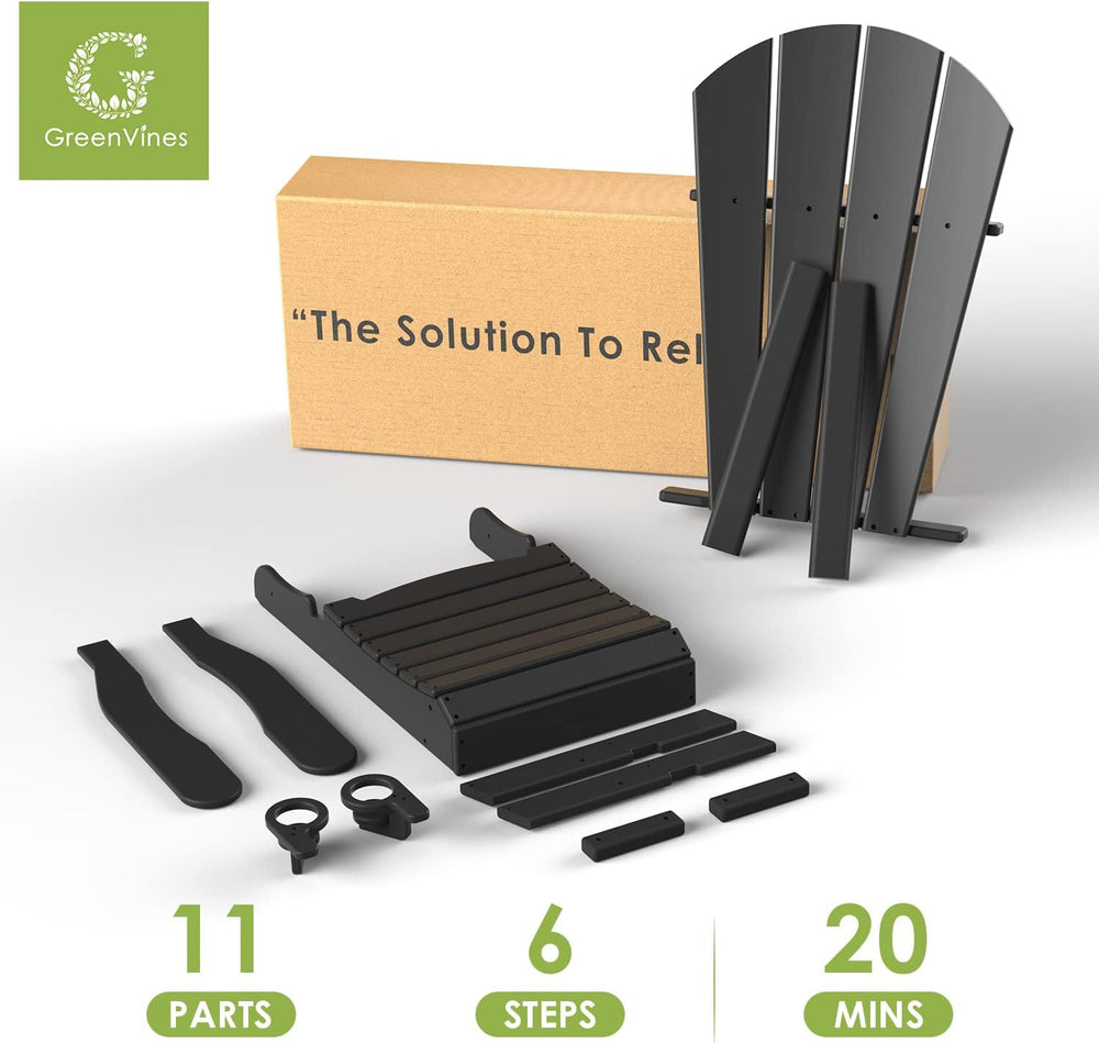 GREENVINES Folding Adirondack-Chairs-with-Ottoman Set of 2, HDPE, Black