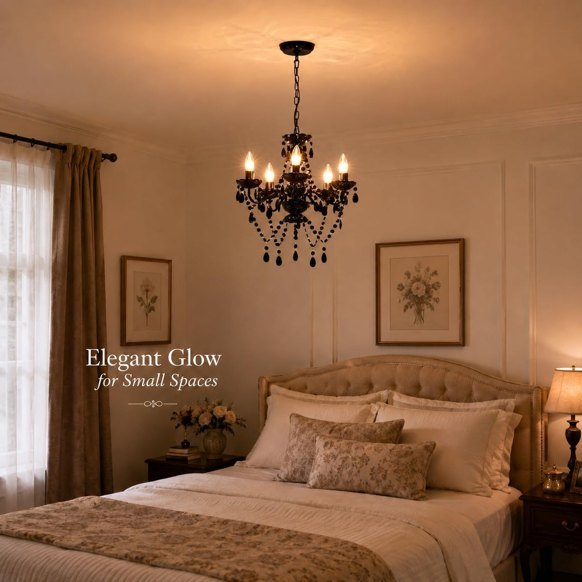 Small Black Crystal Chandelier, 5-Light for Bedroom