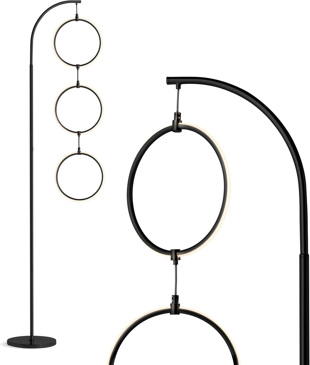 Brightech 3-Ring Modern Floor Lamp Matches Living Room Décor - Contemporary Arc Tall Lamp with 3-Circle Ring-Style Pendant - Over The Couch Standing on Arching Pole - Eclectic- Black