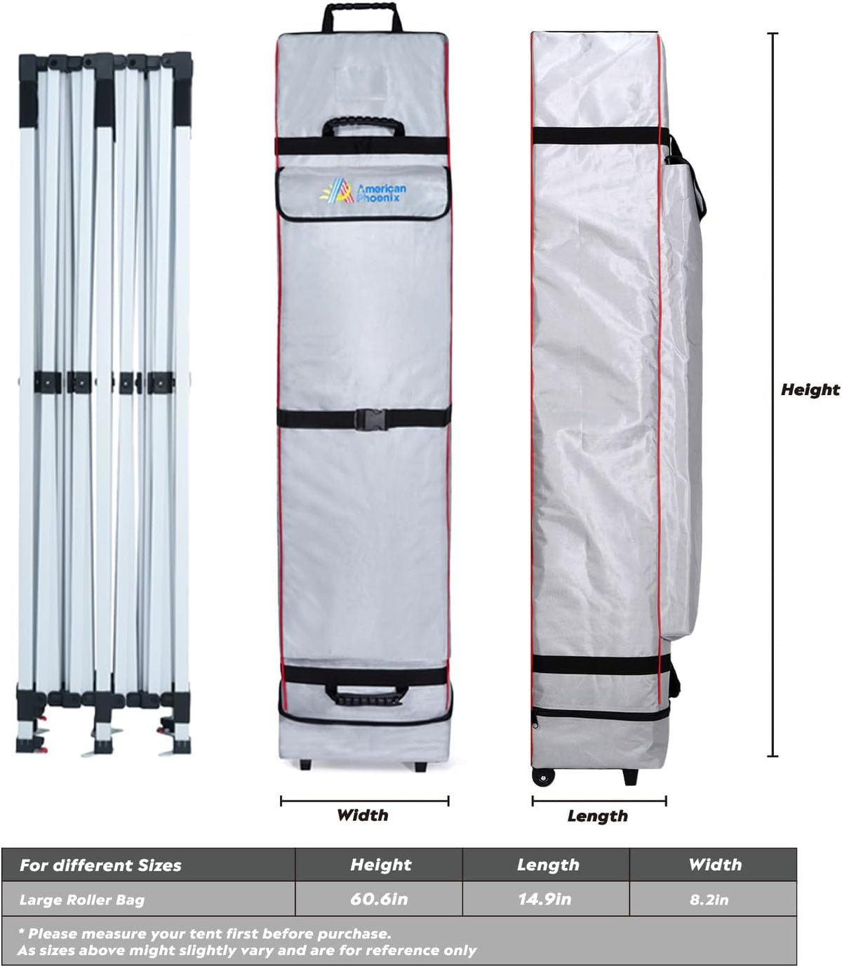 AMERICAN PHOENIX Canopy Wheel Storage Bag - 60"x15"x8" Convenient and Durable Wheel Rolling Bag for 10x20 Canopy Tents, Portable and Easy Transport, Heavy-Duty and Durable (Large)
