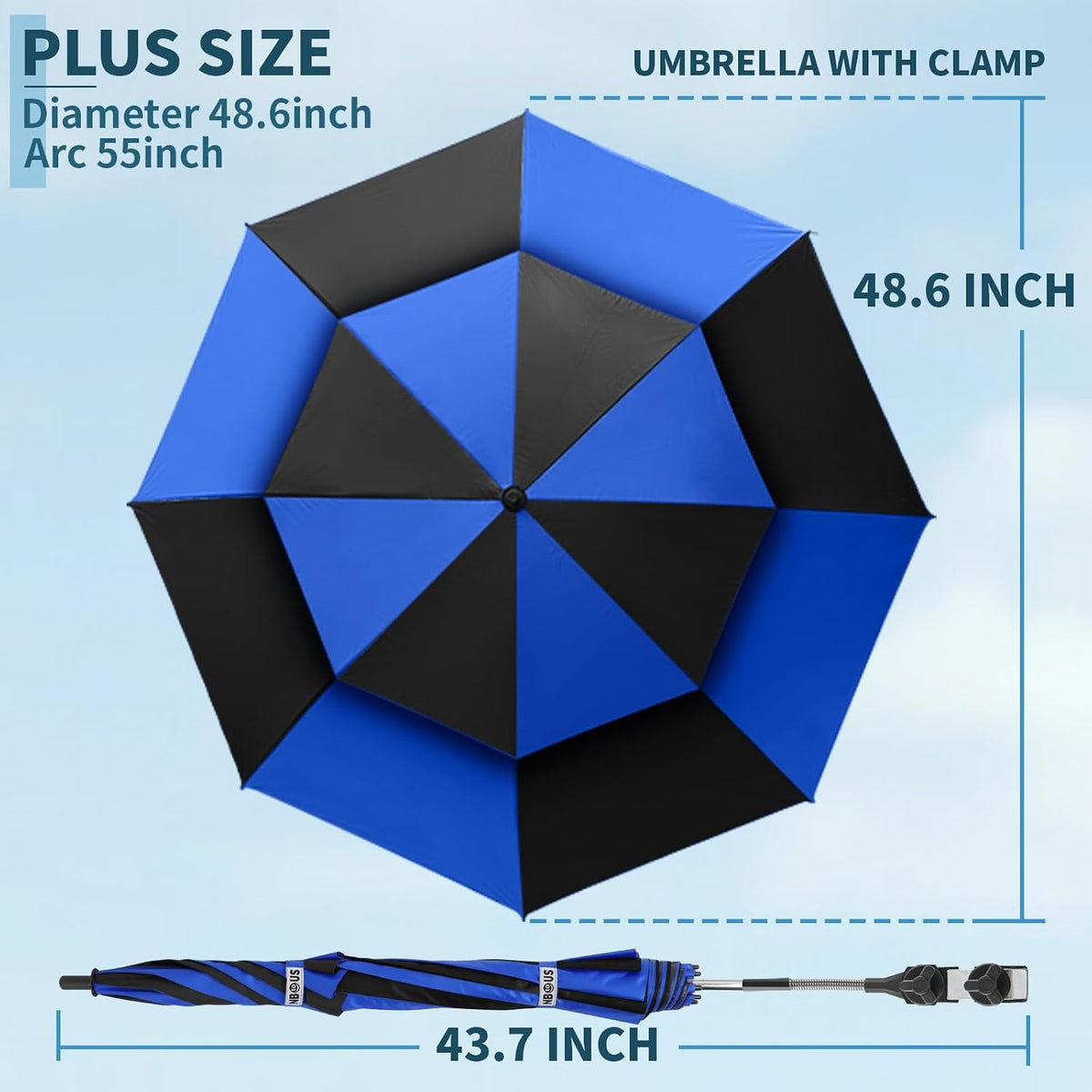 48.6" double canopy beach umbrella with clamp, upf50+, side view