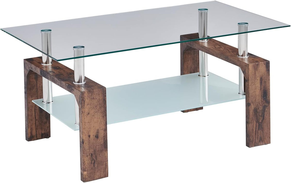 Living Room Rectangle Coffee Table, Tea Table Suitable for Waiting Room, Modern Side Coffee Table with Wooden Leg, Glass Tabletop with Lower Shelf.(brown)
