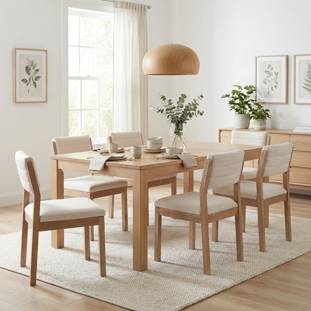 RIVOVA Linen Dining Chairs Set of 6, Comfortable Upholstered Kitchen Chairs with Wood Legs, Mid Century Modern Kitchen Chairs Accent Side Chair for Living, Bedroom, Restaurant, Beige