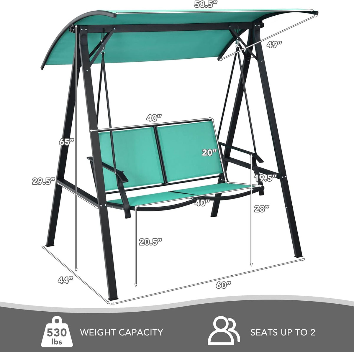 Tangkula 2-Person Patio Swing, Weather Resistant Porch Swing with Adjustable Canopy, Steel Frame, Outdoor Modern Canopy Swing with Handrails, Suitable for Porch Garden Poolside (Green)