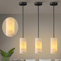 Alabaster Pendant Lights Kitchen Island, Black Hand Carved Alabaster Cylinder Pendent, Spanish Natural Marble Light Pendant for Bedroom Bathroom Dining Room Living Room- 3 PC