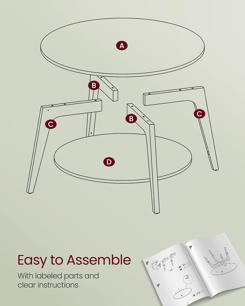 VASAGLE Round Coffee Table, 2-Tier Center Table with Storage, Tapered Legs