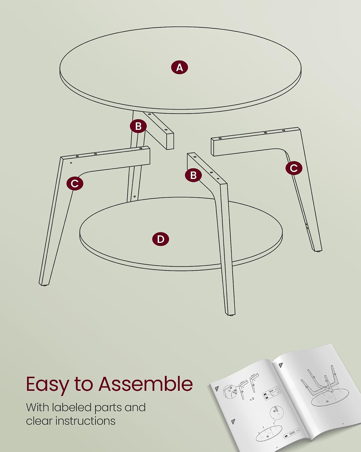 VASAGLE Round Coffee Table, 2-Tier Center Table with Storage, Tapered Legs