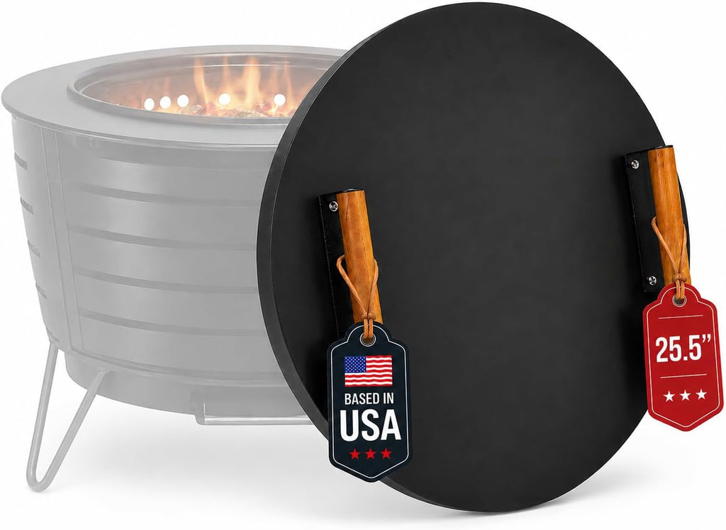 FEBTECH Firepit Lid Compatible with Fire Pit Inside up to 23" - Carbon Steel Tabletop Fire Pit Cover with 2 Heat Resistant Wooden Handles - Fire Pit Accessories for Family Gatherings & Bonfire
