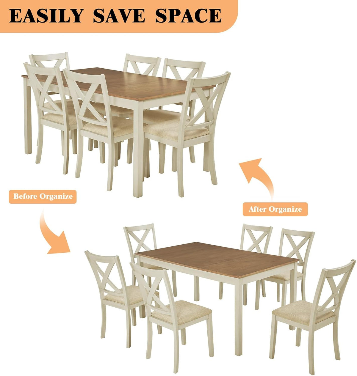 LUXOAK 7-Piece Farmhouse Kitchen Table and Chairs Set for 6, Rustic Cream