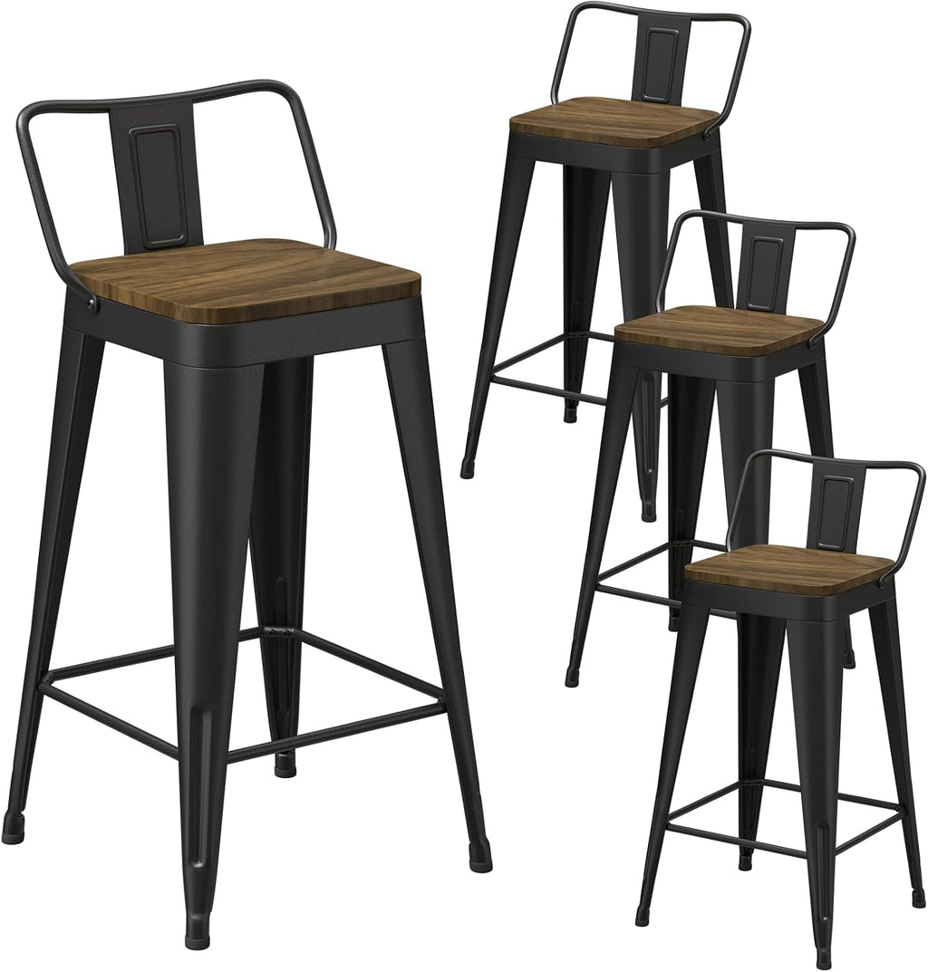 Black Bar Stools Set of 4, Metal Bar Stools with Wooden Seat, Modern 24”Counter Height Barstools with Low Back