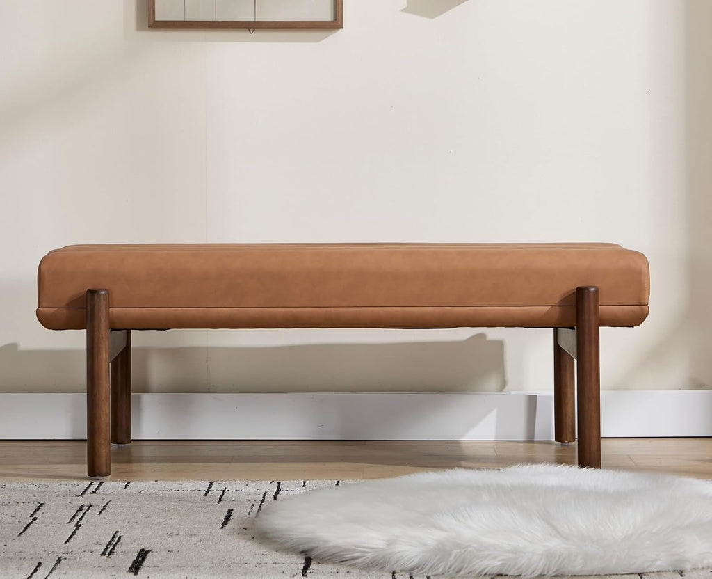 EALSON 47 Inch Entryway Bench Leather Upholstered End of Bed Bench Bedroom Bench with Cylindrical Cushion and Walnut Legs Modern Comfy Long Ottoman Bench for Bedroom Living Room, Brown