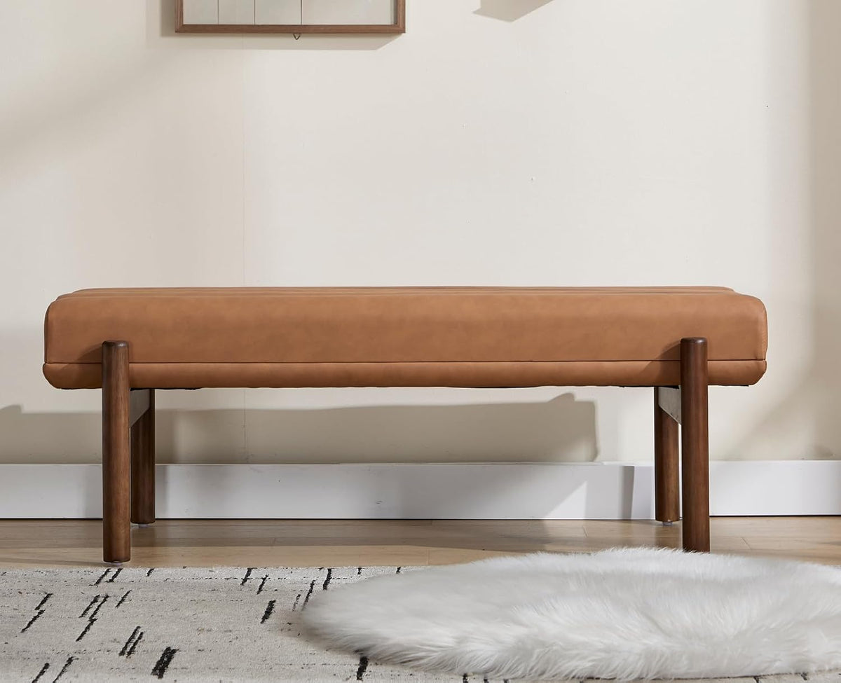 EALSON 47 Inch Entryway Bench Leather Upholstered End of Bed Bench Bedroom Bench with Cylindrical Cushion and Walnut Legs Modern Comfy Long Ottoman Bench for Bedroom Living Room, Brown