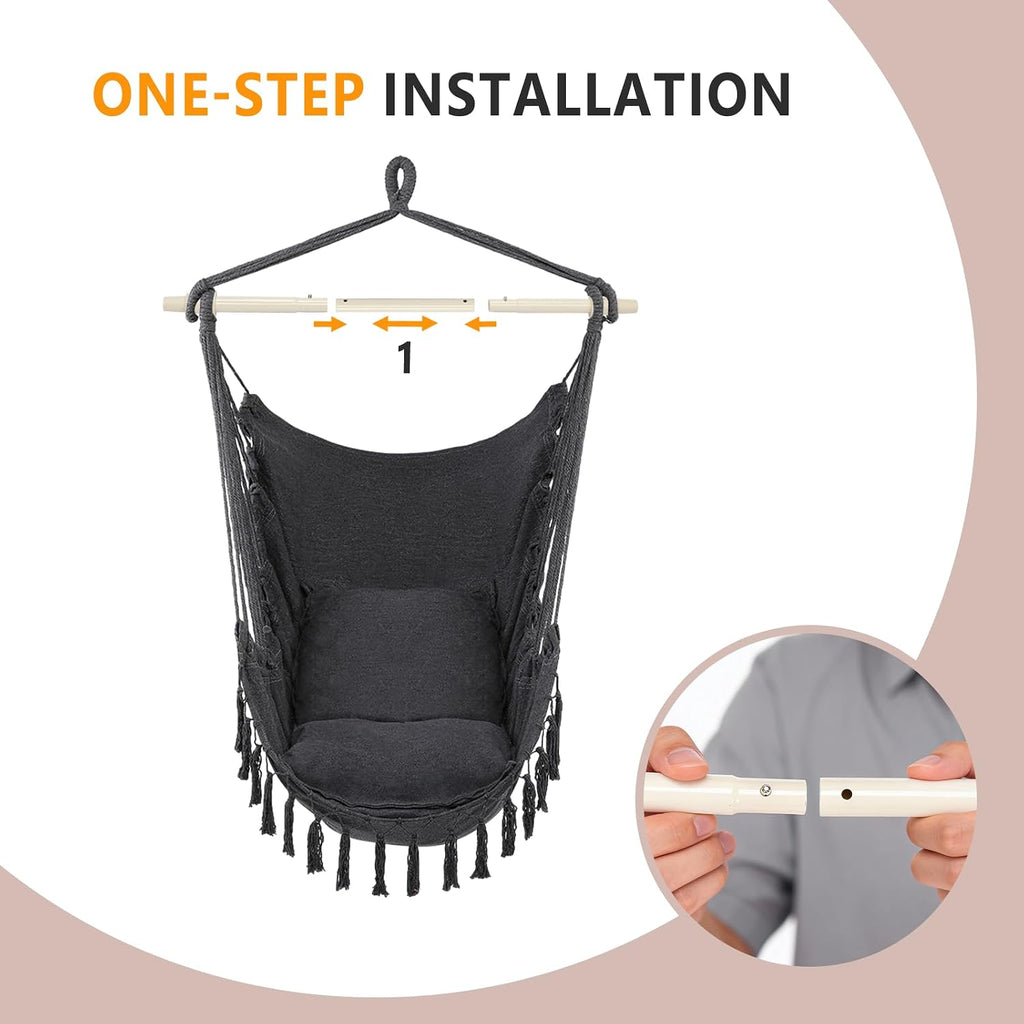 ONCLOUD XXL Hammock Chair Macrame Hanging Rope Swing Seat w/Side Pocket, Includes Drink Holder 2 Cushions Carry Bag All Hanging Hardware for Patio Bedrooms Indoor/Outdoor (Grey)