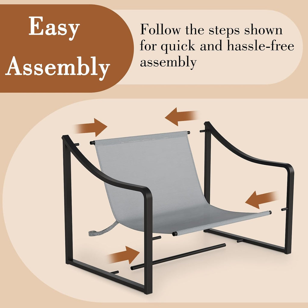 Grey Sling Accent Chair, Metal FrameSling Outdoor Chairs with Metal Frame and SOFE Cushion for Garden, Patio, Living Room & Bedroom, Easy Assembly-Grey