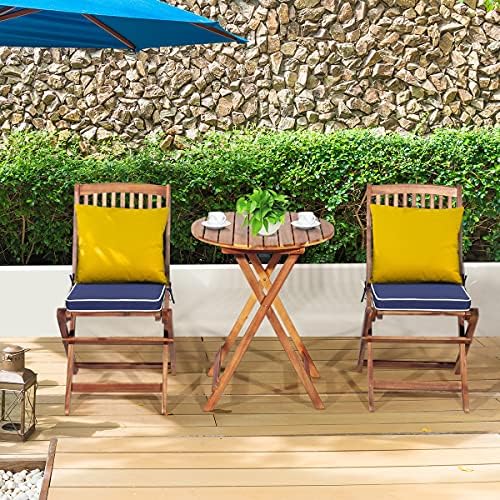ORALNER 3-Piece Acacia Wood Folding Patio Bistro Set, Small Outdoor Balcony Furniture, Round Coffee Table and 2 Chairs with Soft Cushions, Teak Table Set for Porch, Backyard, Deck (Navy Blue)
