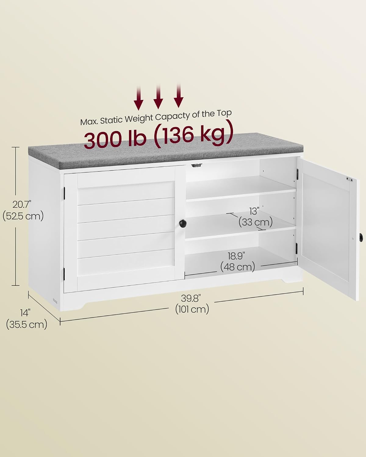 VASAGLE 3-Tier Shoe Storage Bench with Cushion, 14 x 39.8 x 20.7 Inches