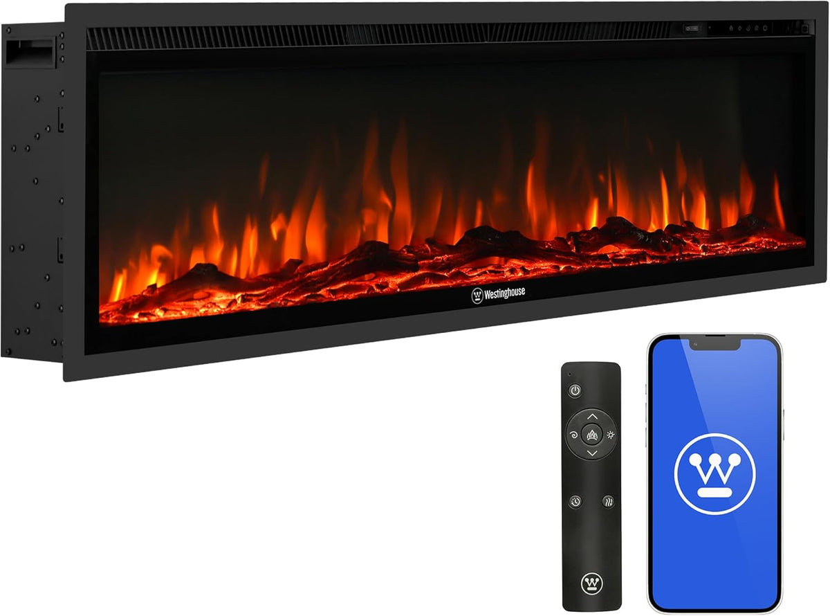 Westinghouse 50 Inch Electric Fireplace Heater, Compatible with Alexa & Google Home, Wall Mount or in-Wall Recessed Fireplace Insert, 24 Hour Timer, Color Changing Flames, 750W/1500W Indoor Heater