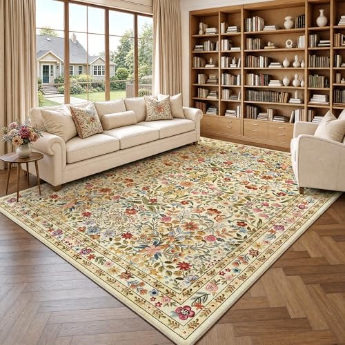 Beauoop 8x10 Floral Washable Beige Neutral Vintage Area Rug for Living Room