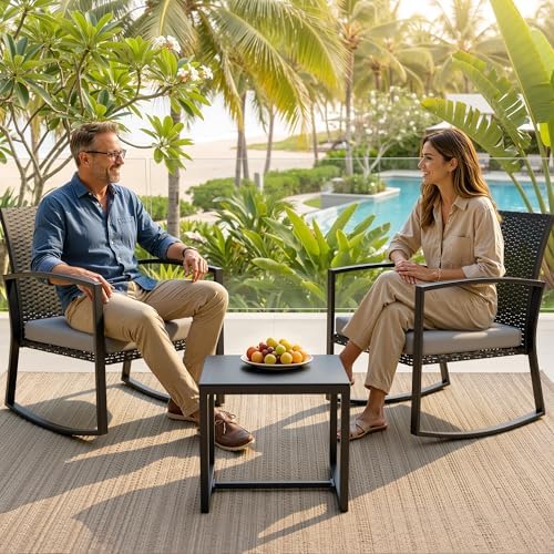 Rocking Patio Bistro Sets - All-Weather - 3 Piece Rattan Conversation Furniture Set, Wicker Outdoor Front Porch Chair for Balcony, Porch, Garden, Backyard, Poolside,Gray