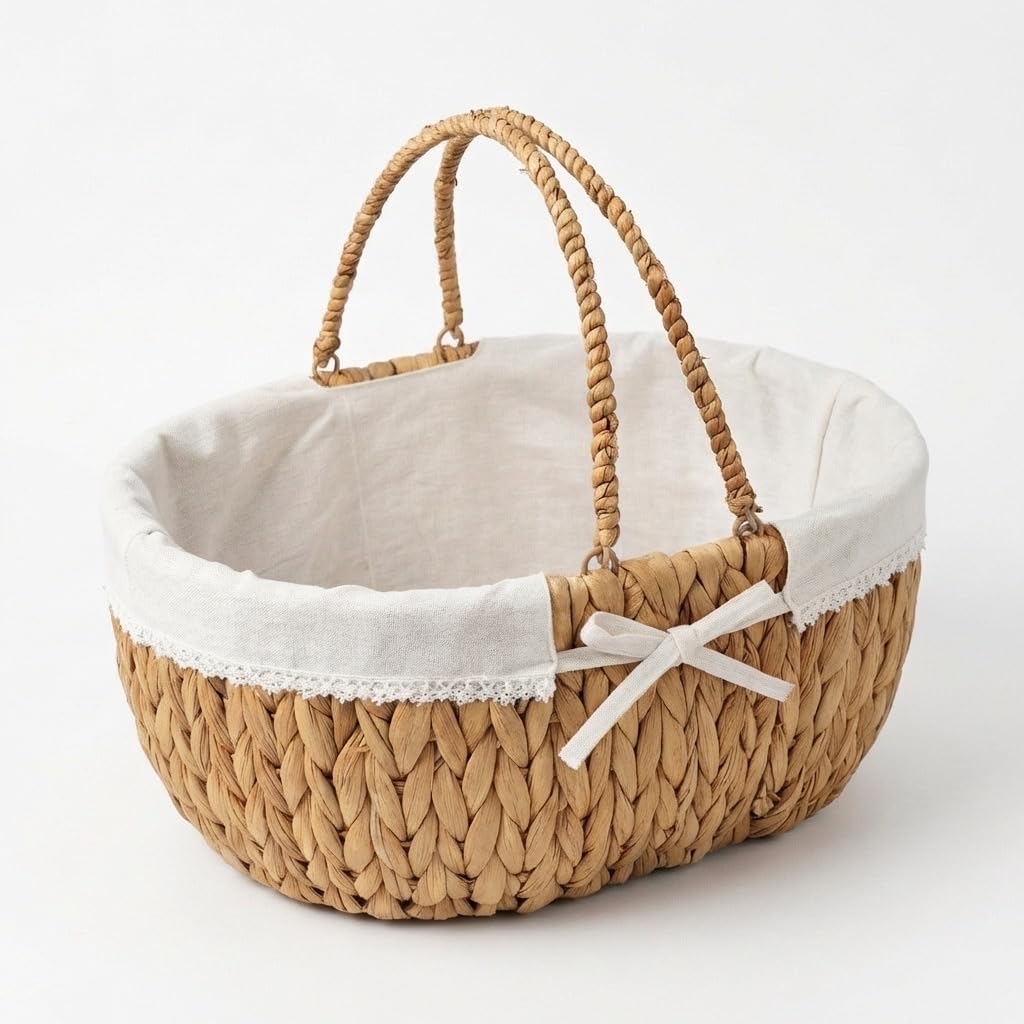 Large Picnic Basket, Woven Water Hyacinth with Handles for Camping