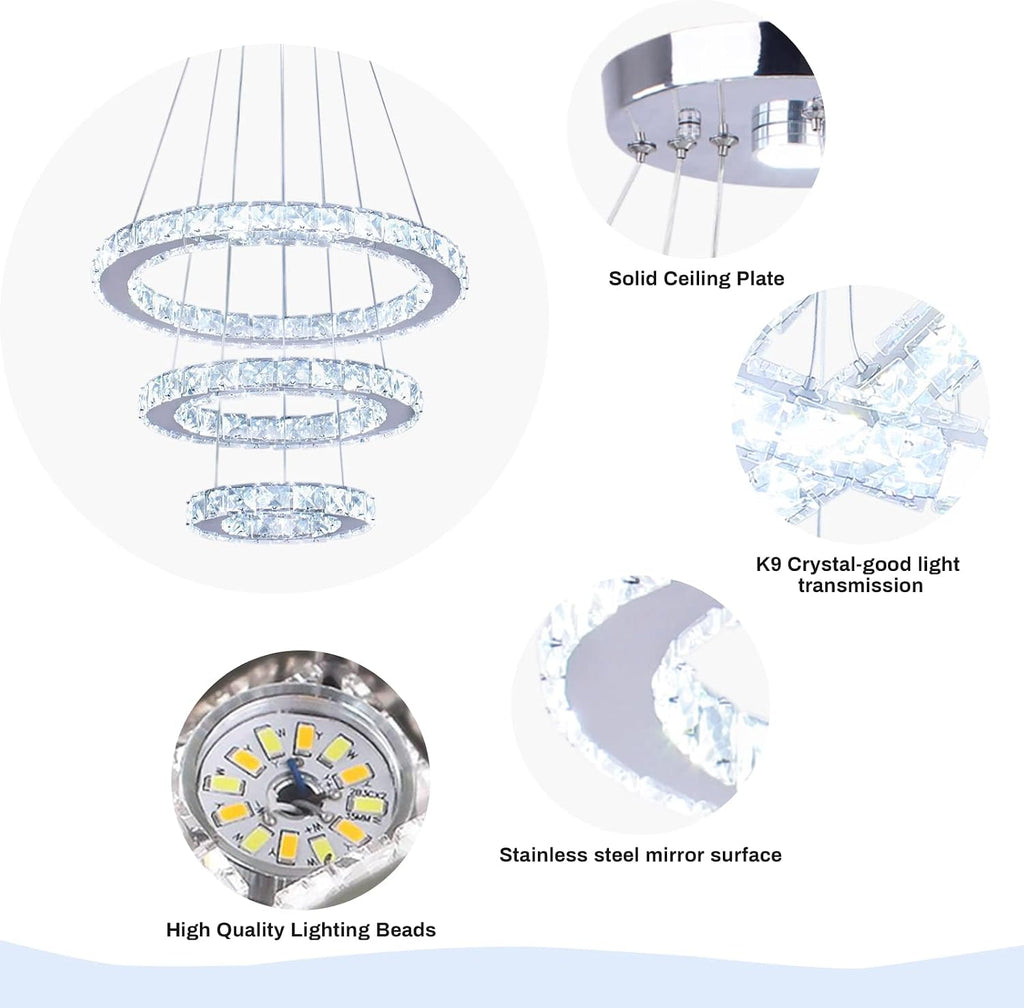 3-Ring Crystal Pendant Light, Adjustable LED, Cool White