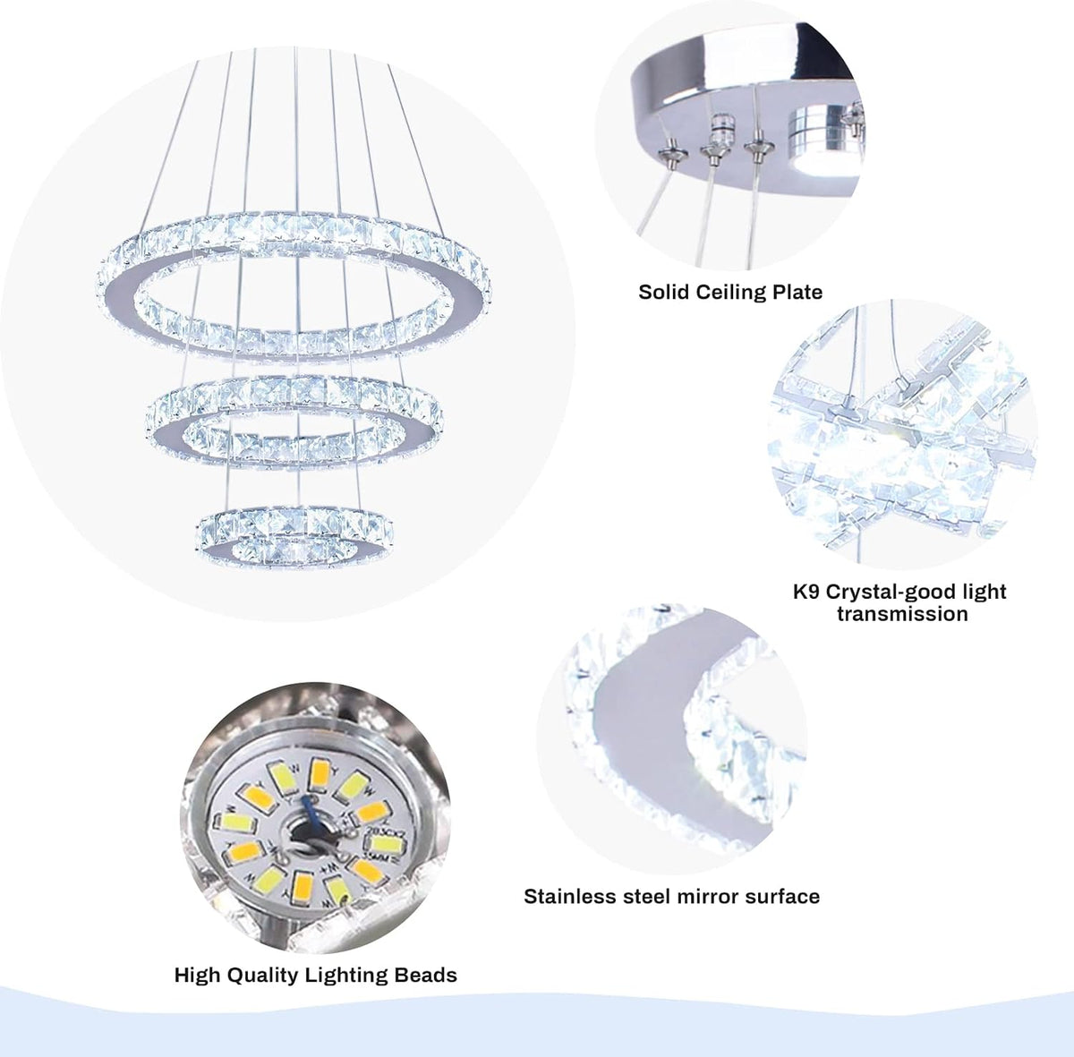 3-Ring Crystal Pendant Light, Adjustable LED, Cool White
