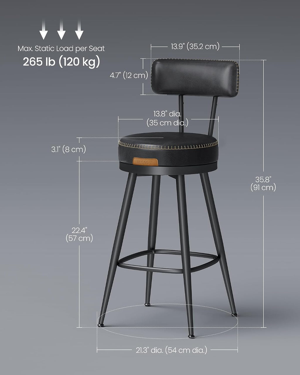 VASAGLE Bar Stools Set of 2, Swivel Counter Height with Back, 25.6-Inch