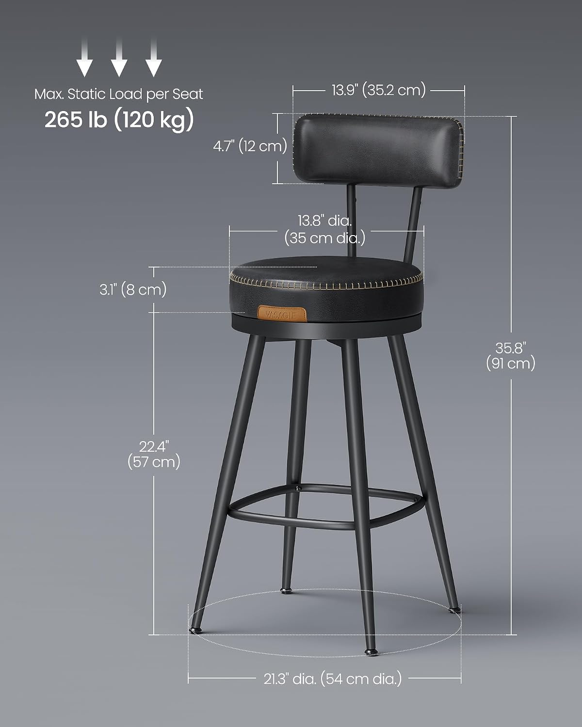 VASAGLE Bar Stools Set of 2, Swivel Counter Height with Back, 25.6-Inch