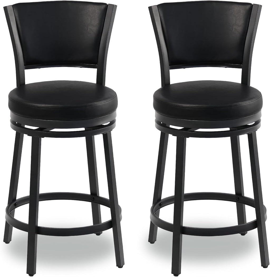 Swivel Bar Stools Set of 2, 25 inch Counter Height Barstools, Modern Metal Swivel Bar Chairs with Backrest, Faux Leather Upholstered Counter Height Chairs for Kitchen Island, Black
