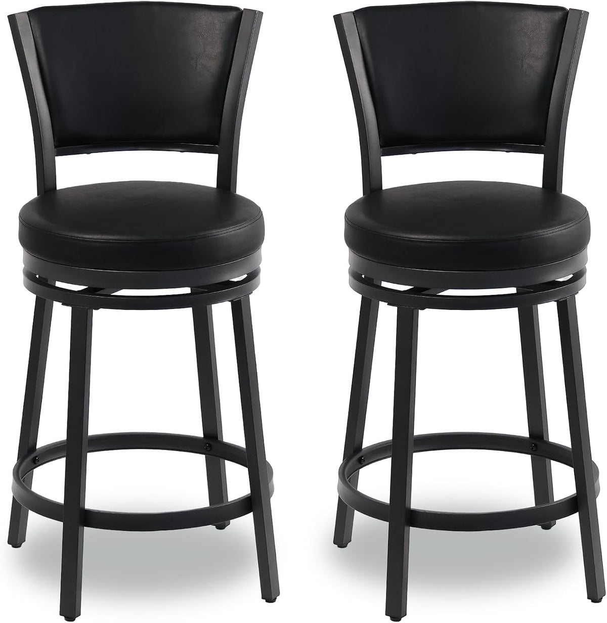 Swivel Bar Stools Set of 2, 25 inch Counter Height Barstools, Modern Metal Swivel Bar Chairs with Backrest, Faux Leather Upholstered Counter Height Chairs for Kitchen Island, Black