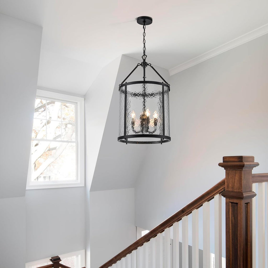 lingkai modern black chandelier, 4-light water ripple glass, close-up detail