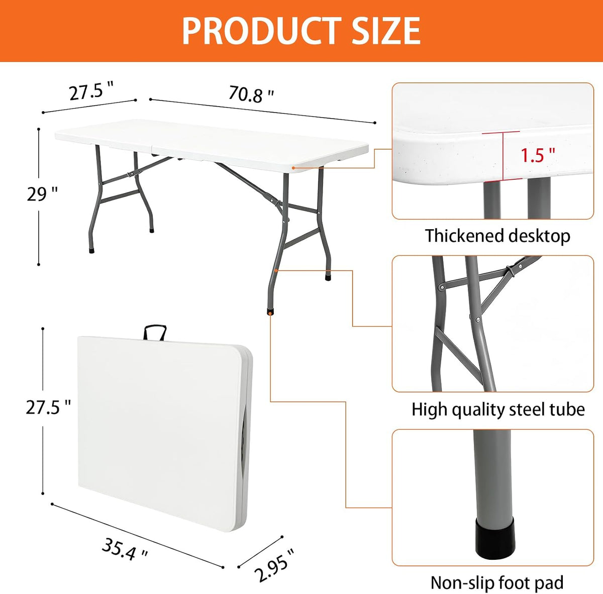 Folding Table 6ft, Heavy Duty Portable 6 Foot Foldable Table Plastic Large Folding Tables Indoor Outdoor for Camping, Picnic, Wedding and Party, White