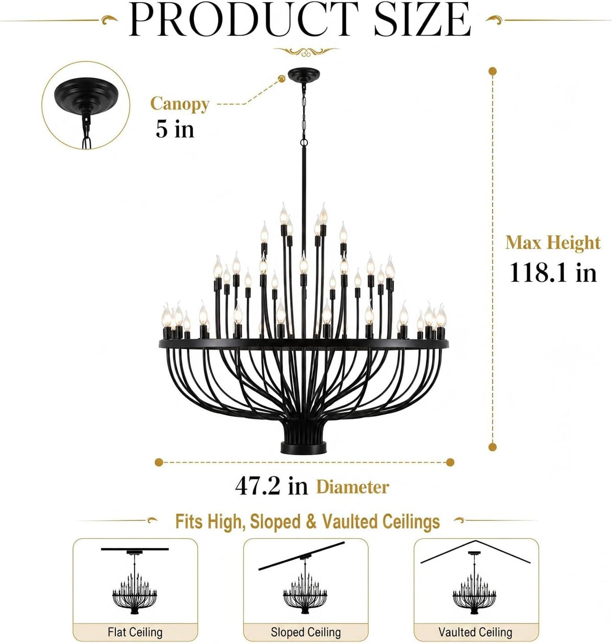 large black wagon wheel chandelier 48-light 47.2" for showing dimensions