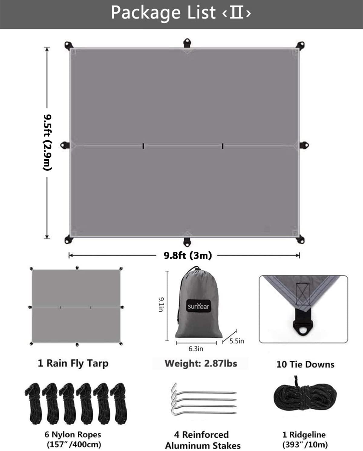 Sunyear Hammock Camping with Rain Fly Tarp and Net, Portable Camping Hammock Double Tree Hammock Outdoor Indoor Backpacking Travel & Survival, 2 Tree Straps,100% Waterproof Black Bundle