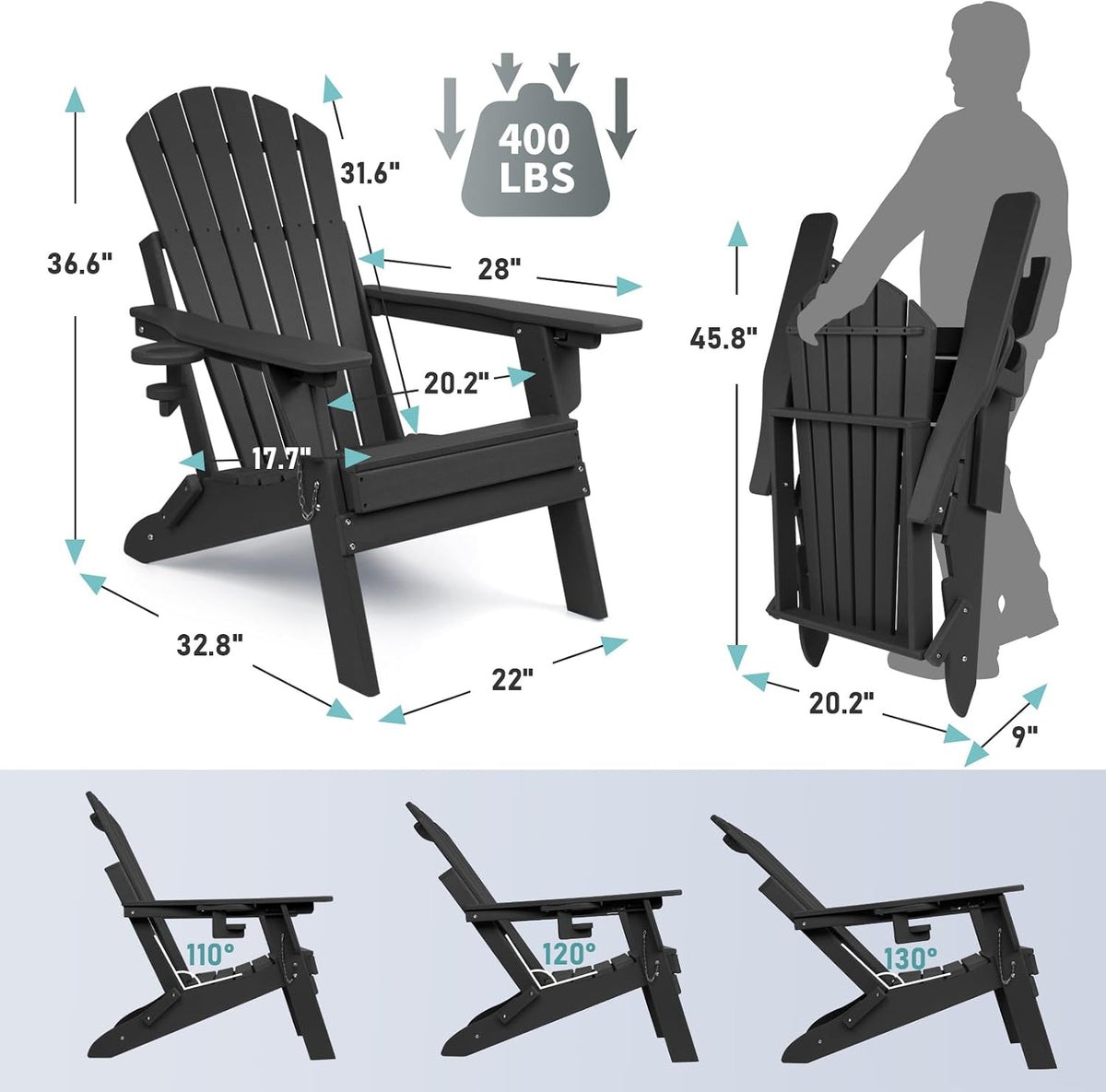 Oversized Folding Adirondack Chair Set of 2 with Adjustable Backrest 400LBS