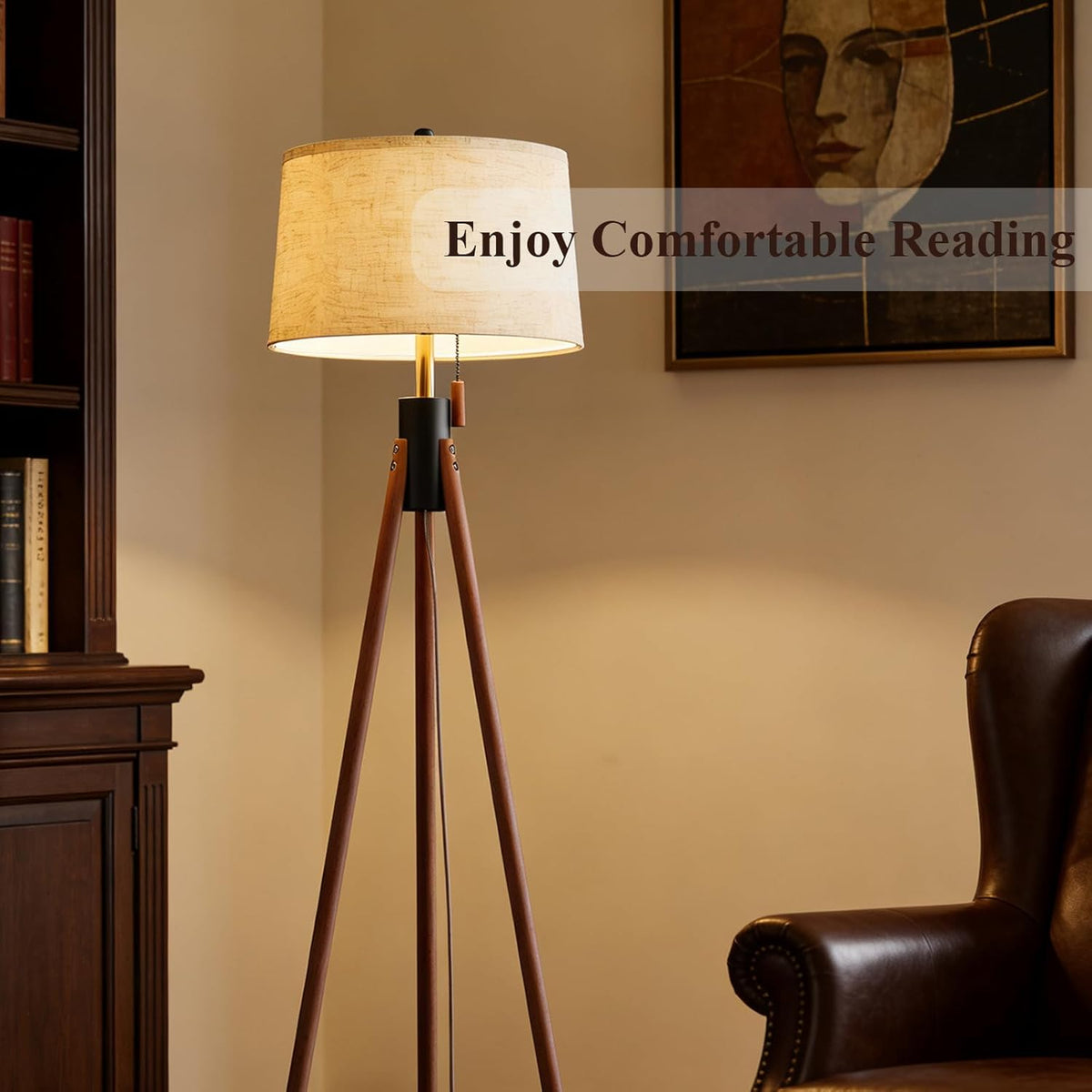 MOFFE Mid Century Tripod Floor Lamp with Pull Chain,Black & Gold Finish