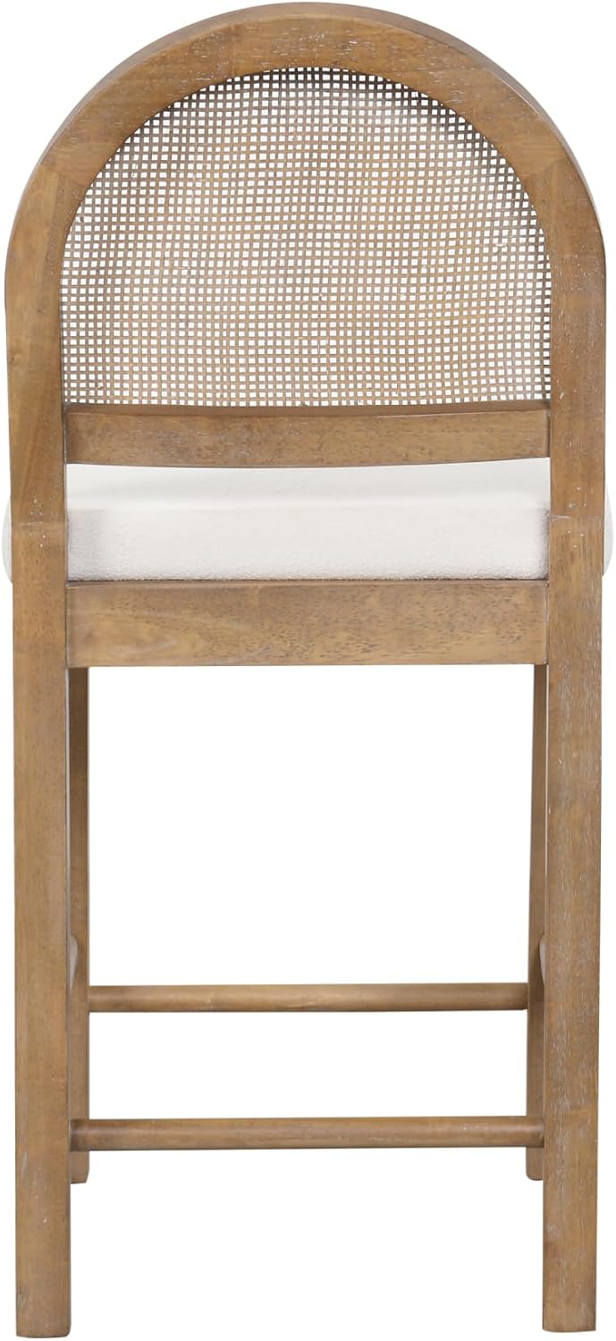 Nathan James Bailey 29 in. Boucle Bar Stool with Back, Bar Height Chair with Natural Woven Rattan Back and Solid Wood Legs, Light Brown