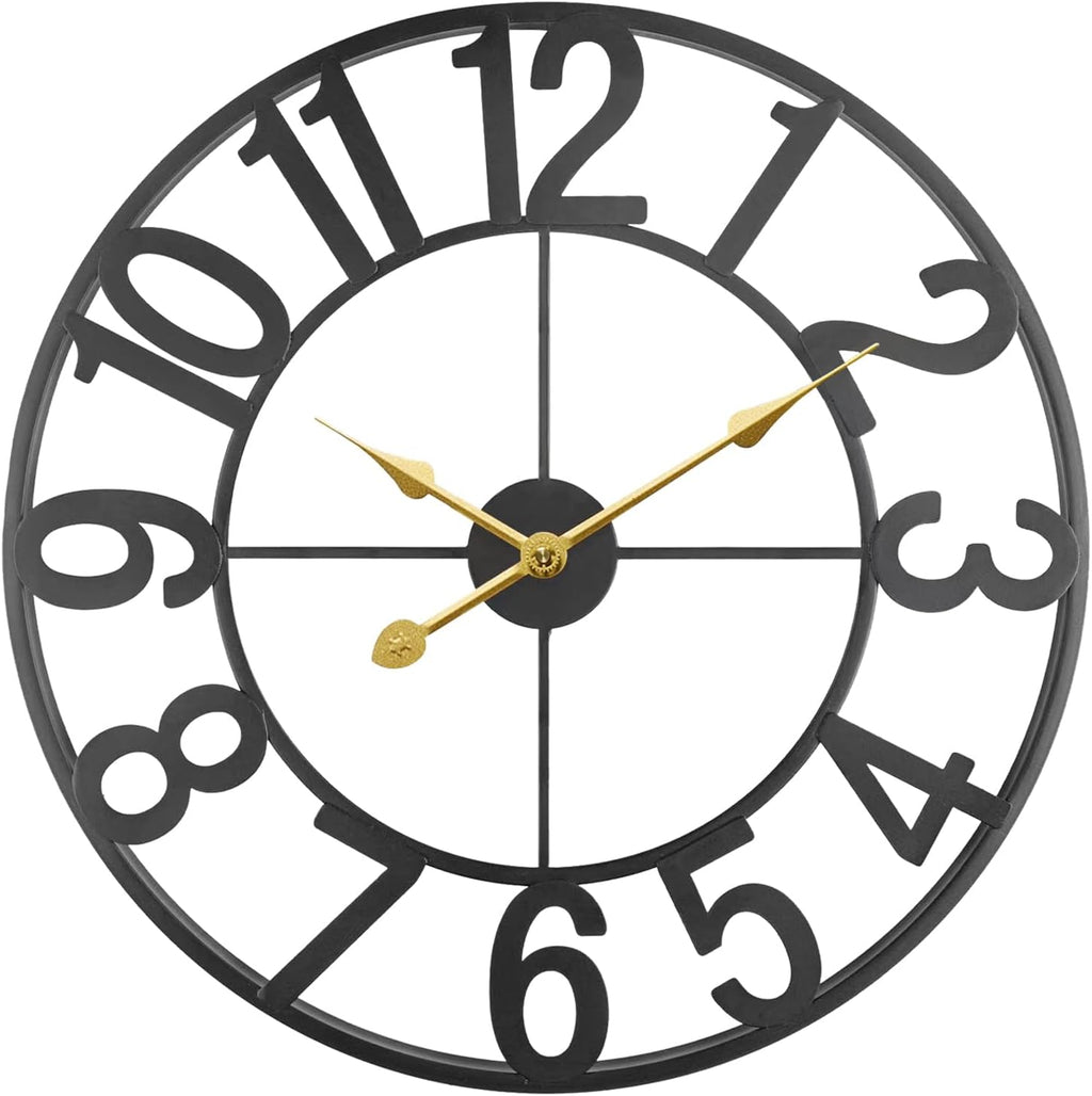 Indoor Outdoor Large Patio Decorative Wall Clock Silent Non Ticking Battery Operated, 16 Inch Modern Black Metal Wall Clock for Pool Area, Living Room, Farmhouse, Kitchen
