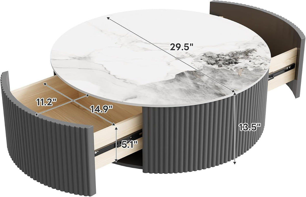 Round Coffee Table with Storage, Modern Movable Coffee Table with Marble Patter Sintered Stone Top and Wheels, Grey