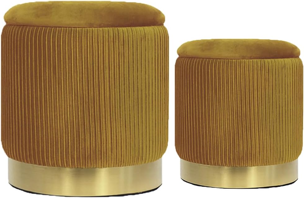 YYW HOME Round Ottoman with Storage Set of 2, Yellow Velvet Vanity Stool