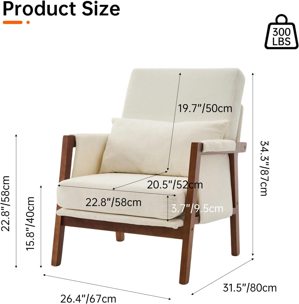 Accent Chair Mid-Century Modern Chair with Lumbar Support Pillow, Upholstered Living Room Chairs with Wooden, Chenille Armchair with Cushion, Comfy Side Chair for Bedroom, Balcony, Beige