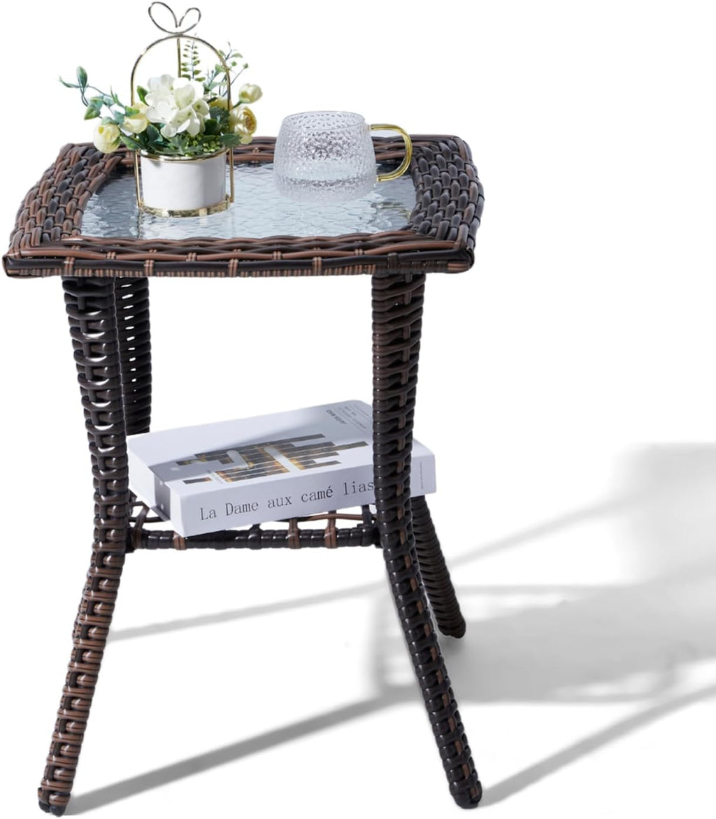 Outvita Rattan Outdoor Side Table with Glass Top & Storage Shelf