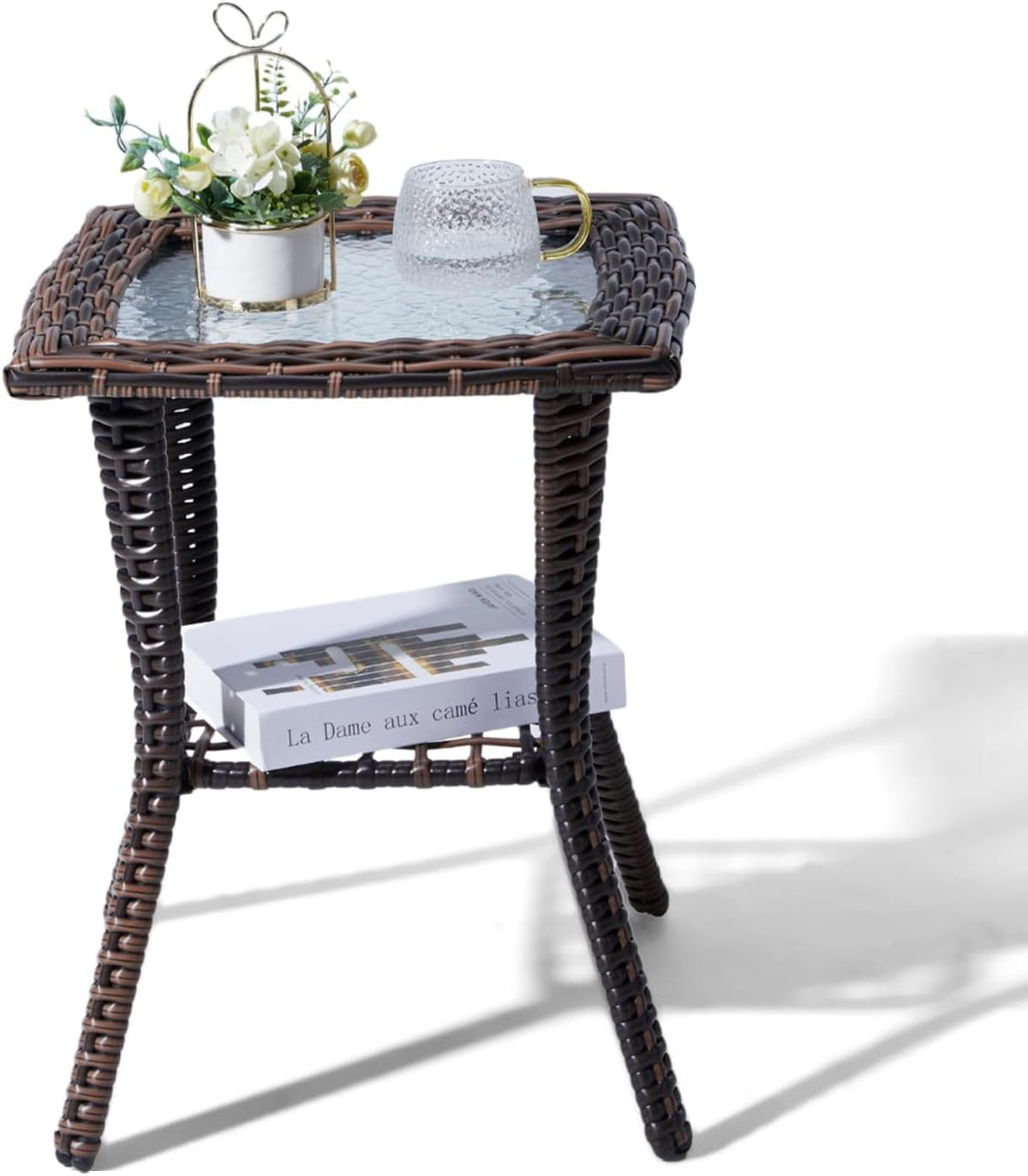 Outvita Rattan Outdoor Side Table with Glass Top & Storage Shelf
