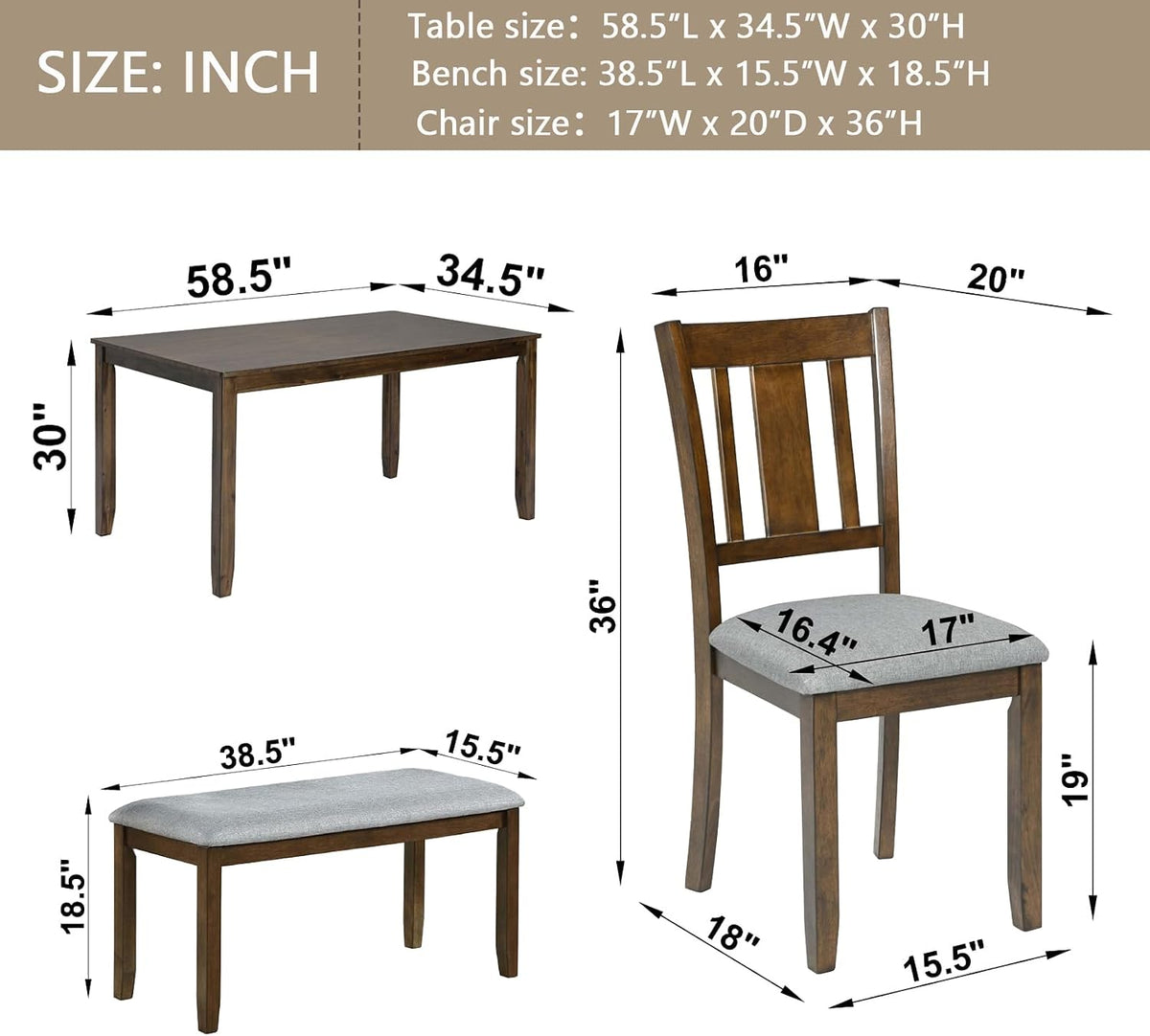 Merax 6 Piece Kitchen Dining Set, Rectangular Wooden Dining Table with 4 Upholstered Chairs and a Bench for 4-6, Living Room Home Bar and Kitchen, Walnut