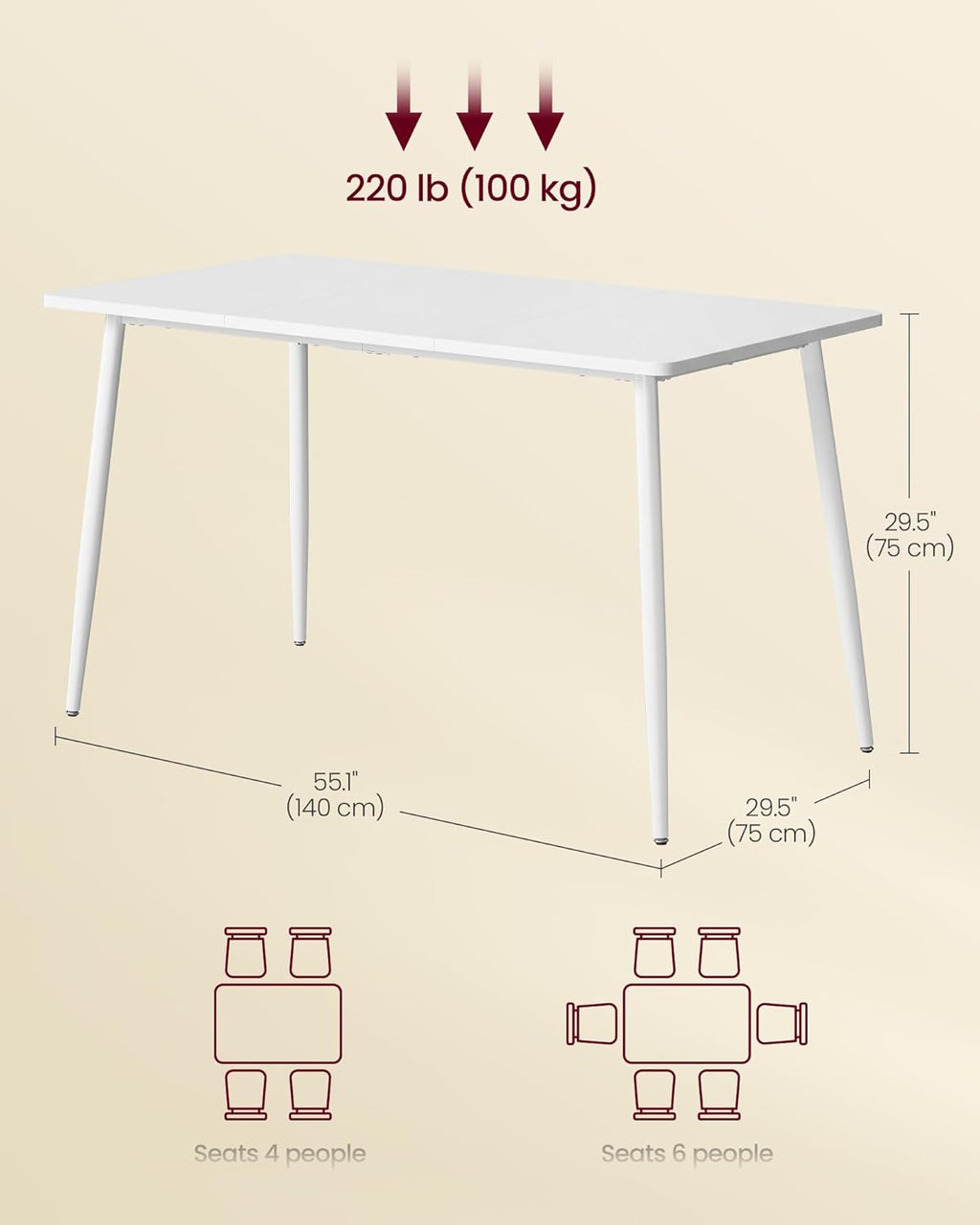 VASAGLE 55.1" Dining Table for 4-6 People, Modern Kitchen Table