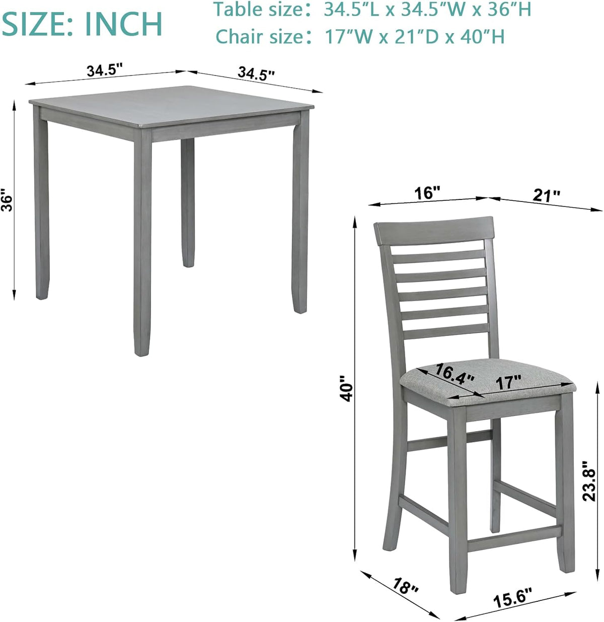 LUMISOL 5-Piece Dining Table Set for 4, Farmhouse Counter Height Kitchen Dining Table Set with 4 Upholstered Chairs for Kitchen, Dining Room, Home Bar, Grey