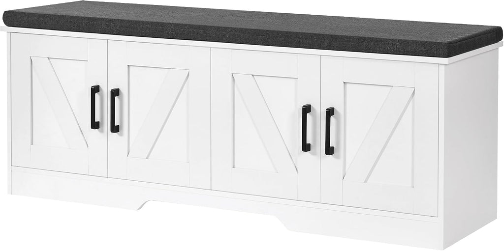 HOMSHO Farmhouse Shoe Storage Bench with 4 Barn Doors & Padded Seat Cushion