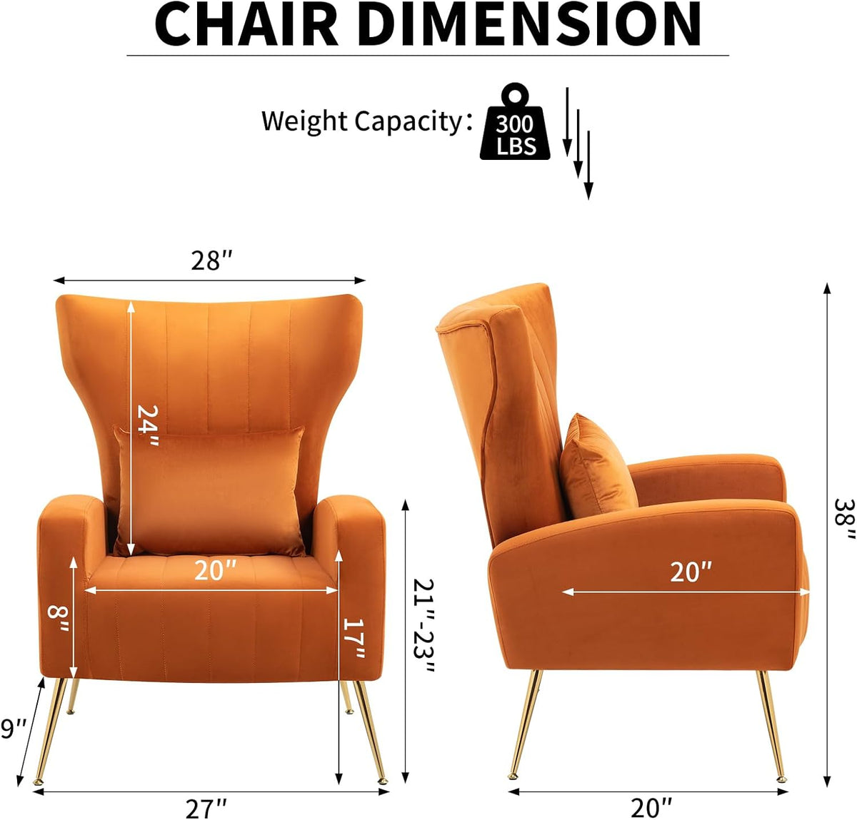 Modern Accent Chairs Set of 2, Wingback Chair with Arm & Gold Legs, Living Room Bedroom Side Chair with Lumbar Pillow, Velvet Upholstered, Channel Tufted, Orange