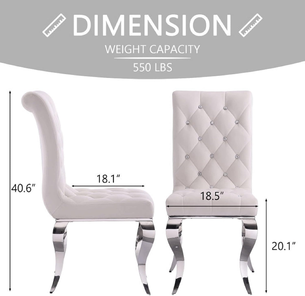 White Velvet Dining Chairs with Silver Mirrored Legs, Set of 6